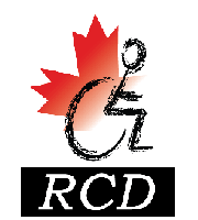 RCD logo: Depicts the profile of a stylized figure in a wheelchair with a backdrop of a red maple leaf . Below the stylized figure are white letters 